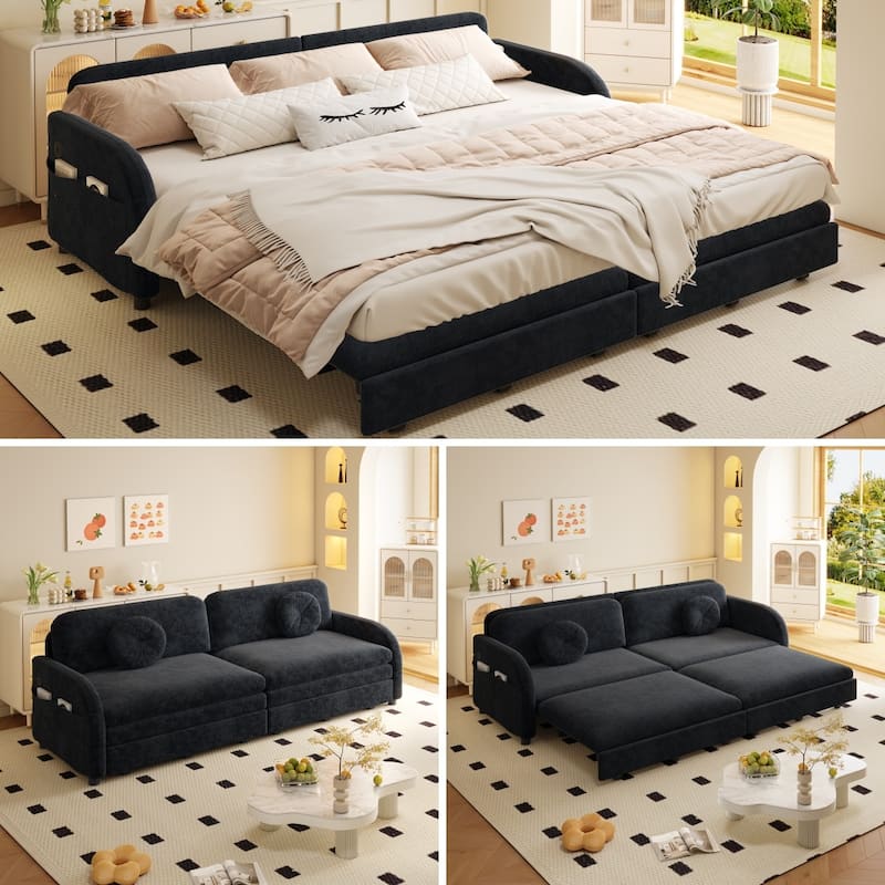Homy Casa 3-in-1 Convertible Sleeper Sofa Bed, Pull-Out Couch w/ USB, Side Pocket & 4 Pillows, Chenille, 2/3/4-Seat