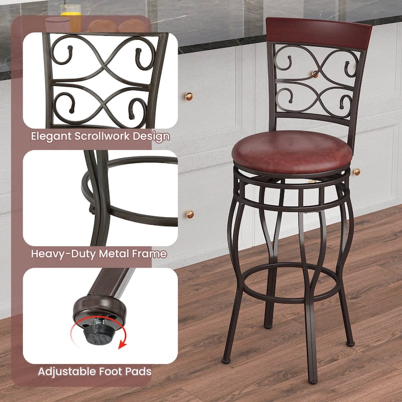 Set of 2 Vintage Bar Stools Swivel Padded Seat 30'' Bistro Dining - 18''W x18''Dx45.5''H