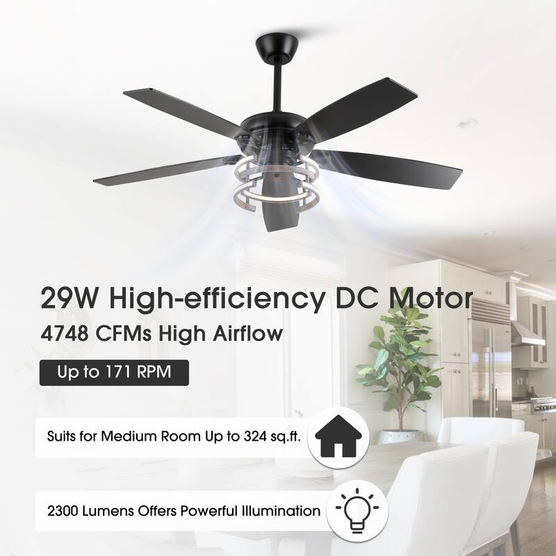 52" Farmhouse Matte Black Reversible Integrated LED Dimmable Reversible Ceiling Fan with Light and Remote