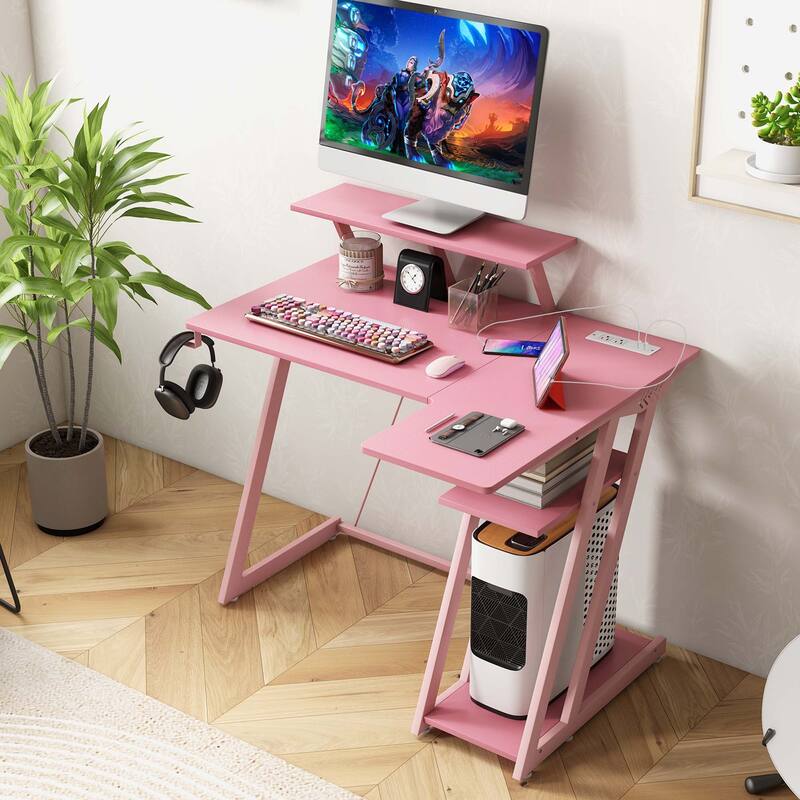 Costway L Shaped Gaming Desk with Outlets & USB Ports Monitor Shelf