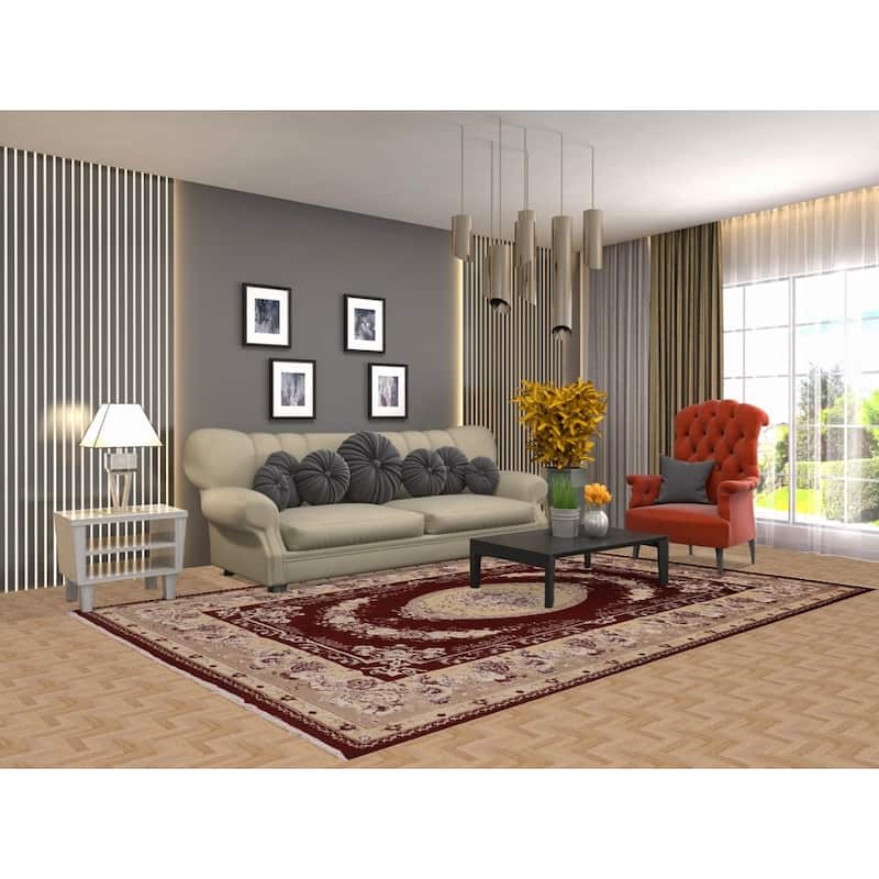 Red Victorian Style Kashan Turkish Area Rug Machine Made Floral Carpet - 6'6" x 9'10"