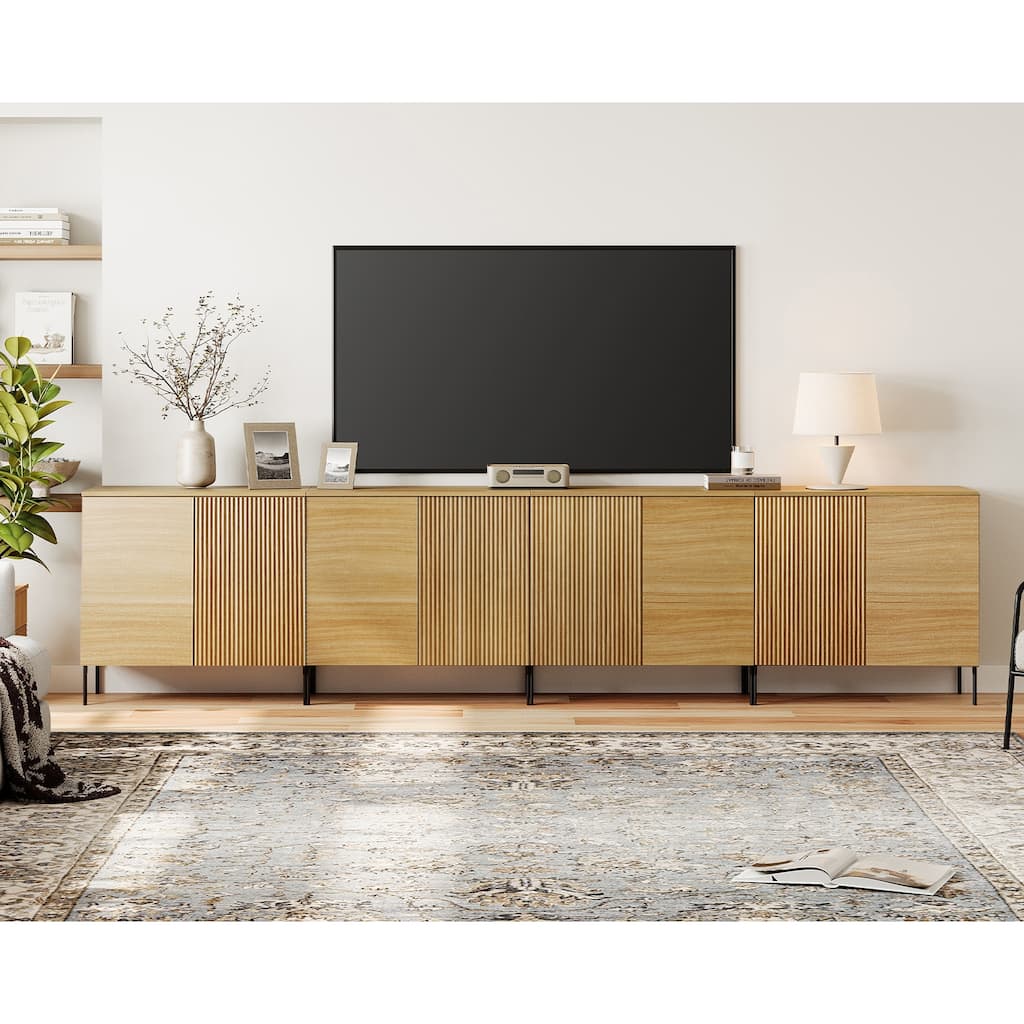 126" Modern Fluted TV Stand with 8 Doors, Entertainment Center with Adjustable Shelf, Wooden TV Console