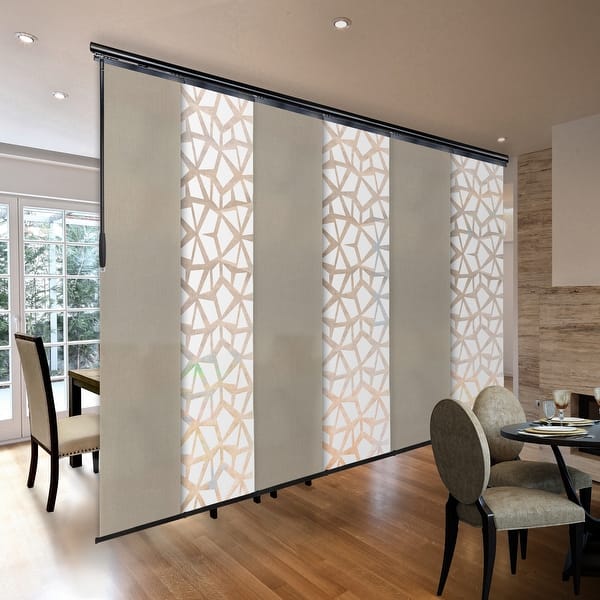 slide 2 of 9, InStyleDesign 6-Panel Single Rail Panel Track Extendable 98"-130"W x 94"H, Panel width 23.5", Geometric White, Champagne Black Track