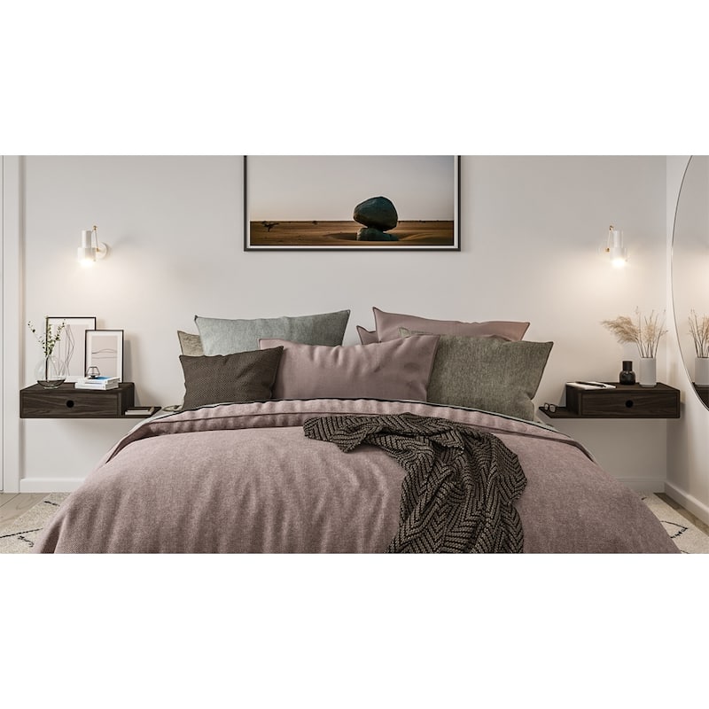 Set of 2 L / R Side Solid Wood Floating Bedside Tables with Drawers