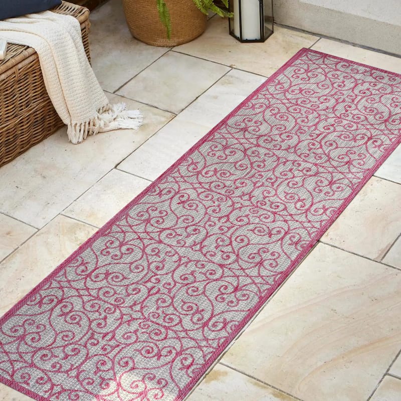 JONATHAN Y Ourika Textured Weave Indoor/Outdoor Area Rug - 2 X 10 - Light Gray/Fuchsia