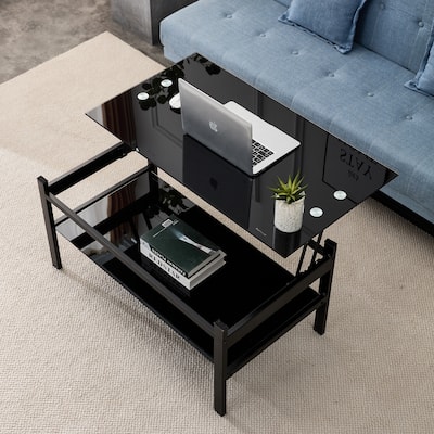 Glass Lift Top Coffee Table, Modern Simple 2-Layer Tempered Glass Coffee Table for Living Room