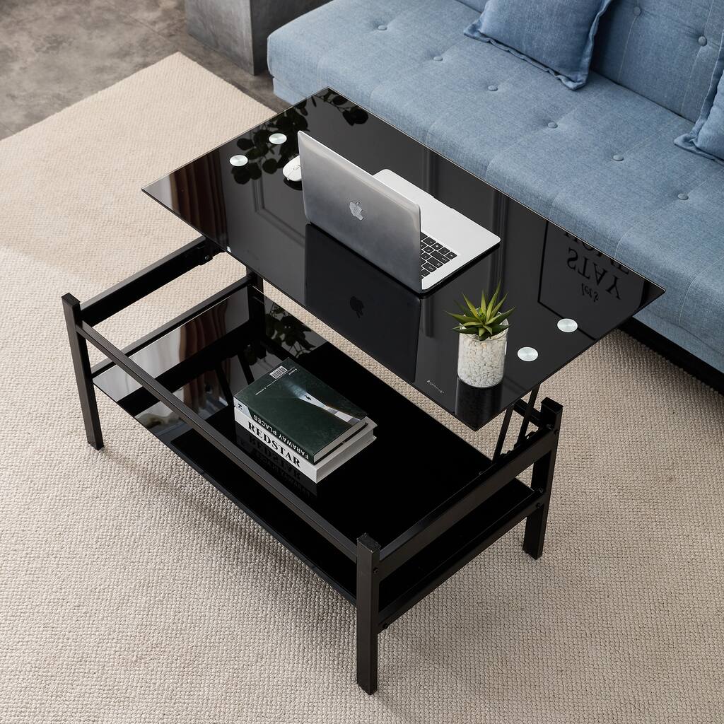 Lift Top Coffee Table with Shelf, 2-Teir Open Storage Coffee Table Tempered Glass Rising Tabletop Center Table, Black