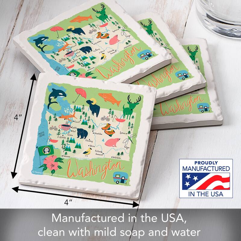 Washington Home 4-Pack Absorbent Stone Coasters with Protective Cork Backing 4" Square Made in The USA Easily Wipes Clean