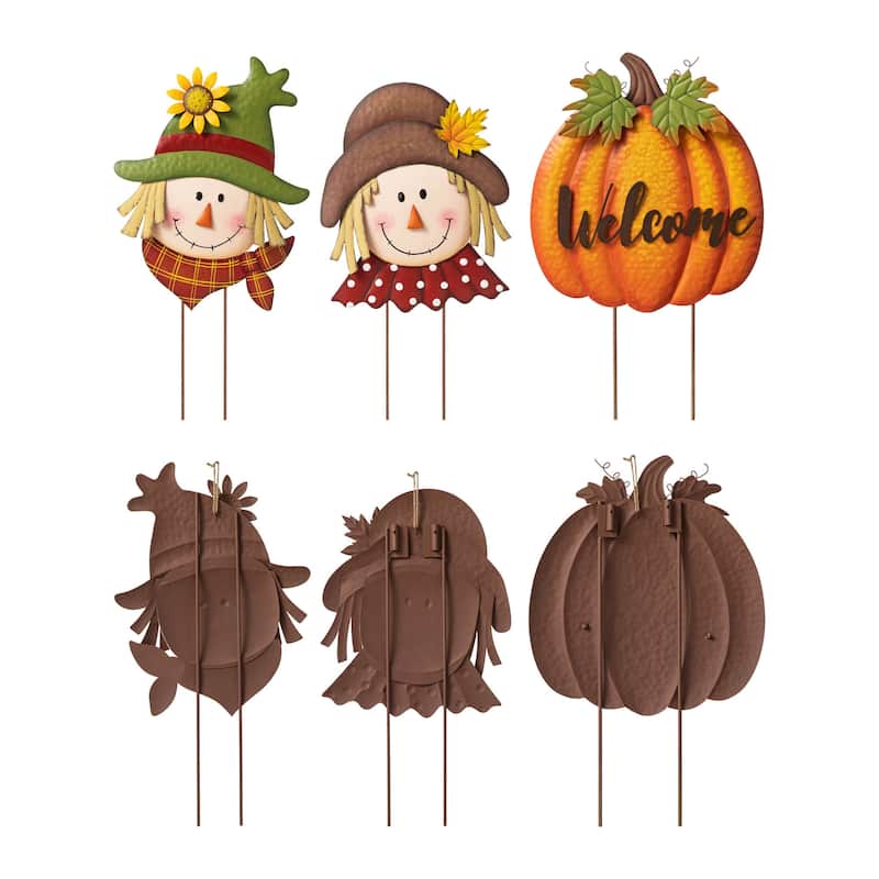 Glitzhome 46"H Fall Metal Stacked Scarecrow & Pumpkin Yard Stake for Thanksgiving Decor