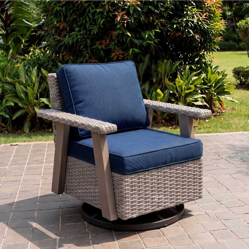 Cozywor Wicker Patio Outdoor Rocking Chair Swivel Lounge Chair - Dark Blue