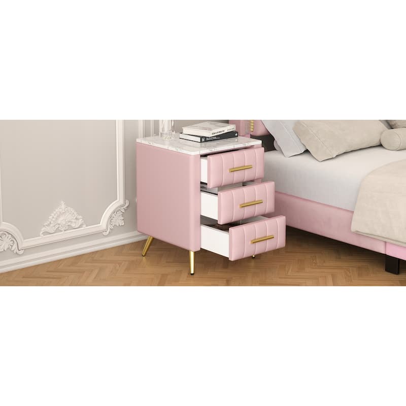 Nightstand with 3 Storage Drawers, Velvet Nightstand with Faux Marble Top, Sofa Side Table with Metal Legs and Handles