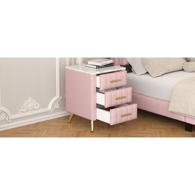 Upholstered Wooden 3-Drawer Nightstand - Metal Legs/Handles + Marbling Sticker Top Bedside Table (Pink)