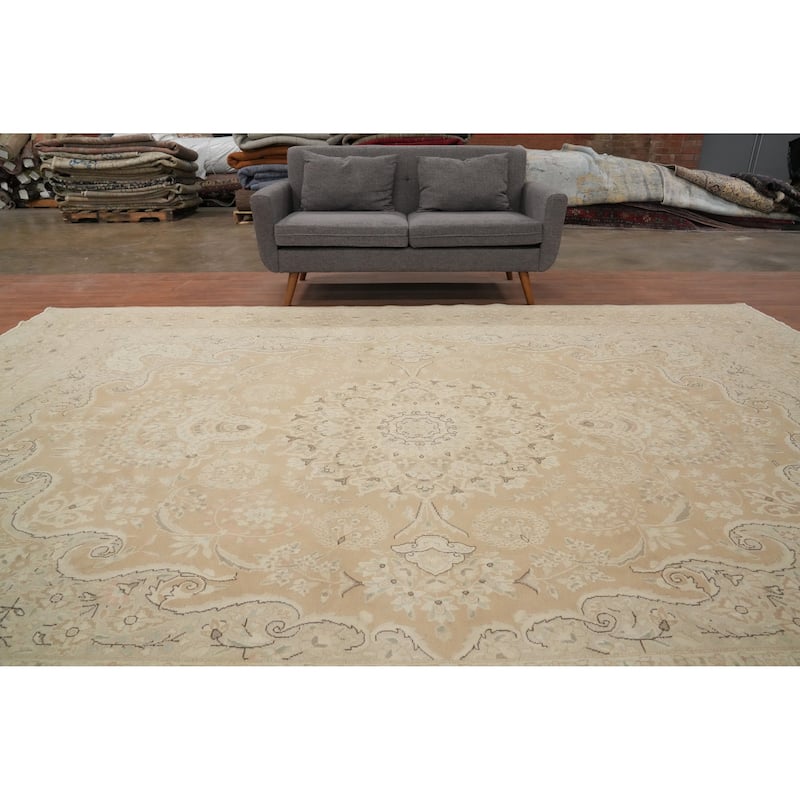 Hand Knotted Oriental 100% Wool Carpet Traditional Floral Beige & Ivories Kerman Area Rug - 12' 10'' X 9' 7''