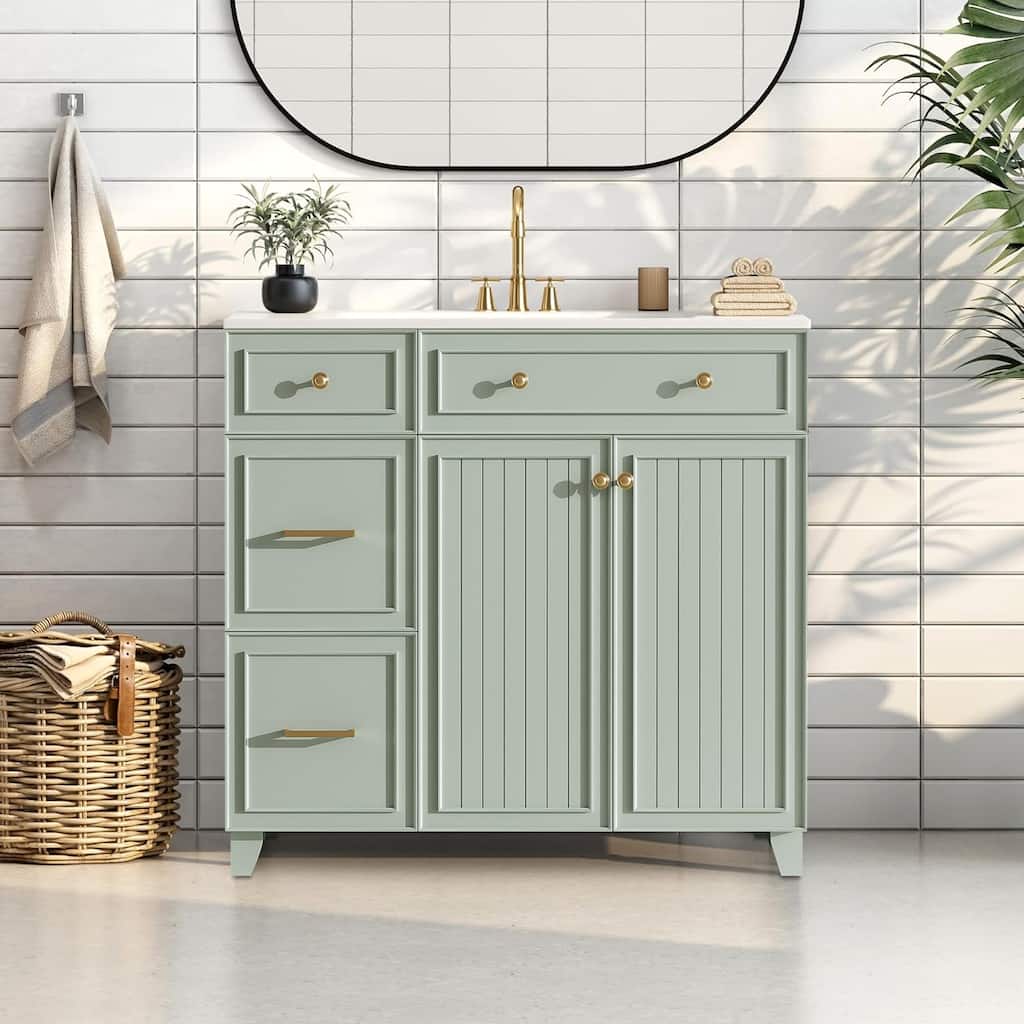 36" Bathroom Vanity with Ceramic Sink,Standard and Double-Layer Drawers