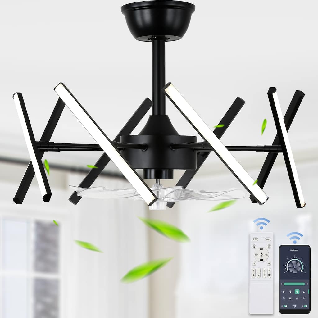 CurveCurio 20" Matte Black Modern Ceiling Fan Light w 3 Color Temperature Dimmable DIY Light Quiet DC Motor Remote & App Control