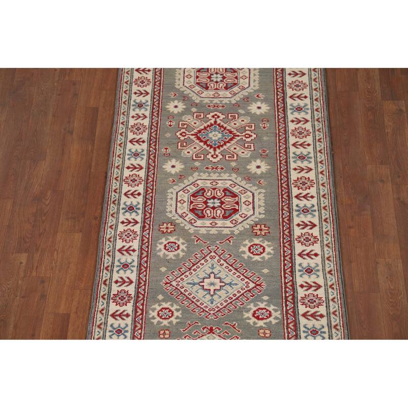Geometric Kazak Runner Rug Handmade Oriental Grey Wool Carpet - 2'7" x 16'3"