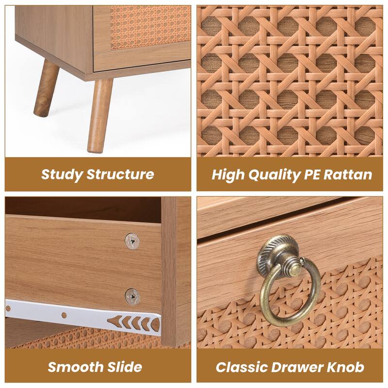 Rattan 6 Drawer Double Dresser for Bedroom, Chest of Dressers, Modern Dresser Drawer Chest