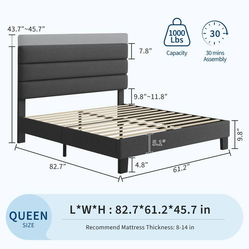 Platform Bed Frame with Adjustable Linen Headboard, Wood Slats