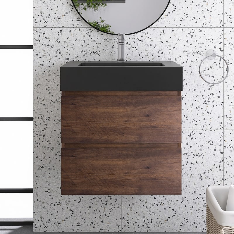 Floating Bathroom Vanity with Black Solid Surface Top - 24'' x 18.1'' x 25.2'' - Walnut