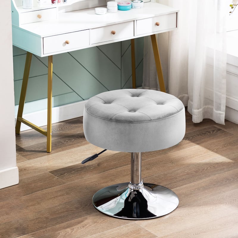 Adjustable Height Round Ottoman Swivel Vanity Stool - Velvet-Grey