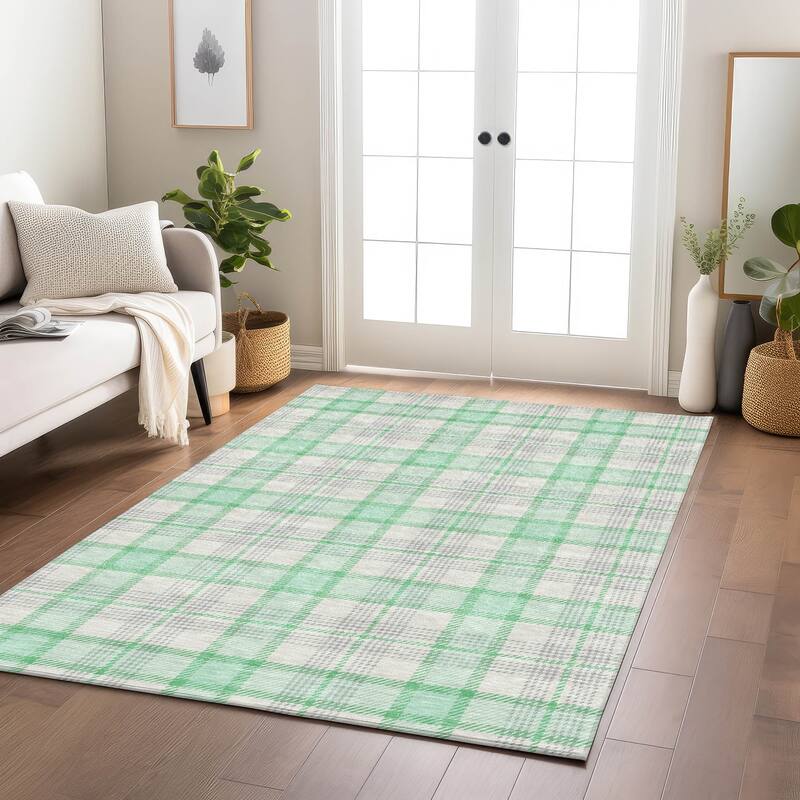 Machine Washable Indoor/ Outdoor Casual Plaid Chantille Rug