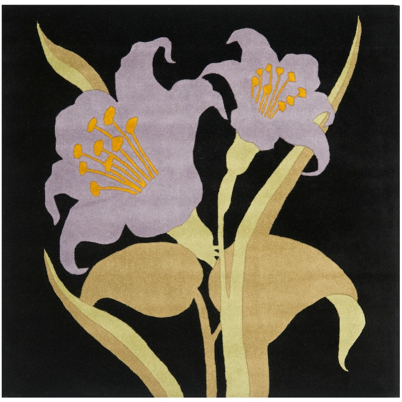 SAFAVIEH Handmade Soho Loren Lily Floral N.Z. Wool Rug - 6' Square - Black/Purple