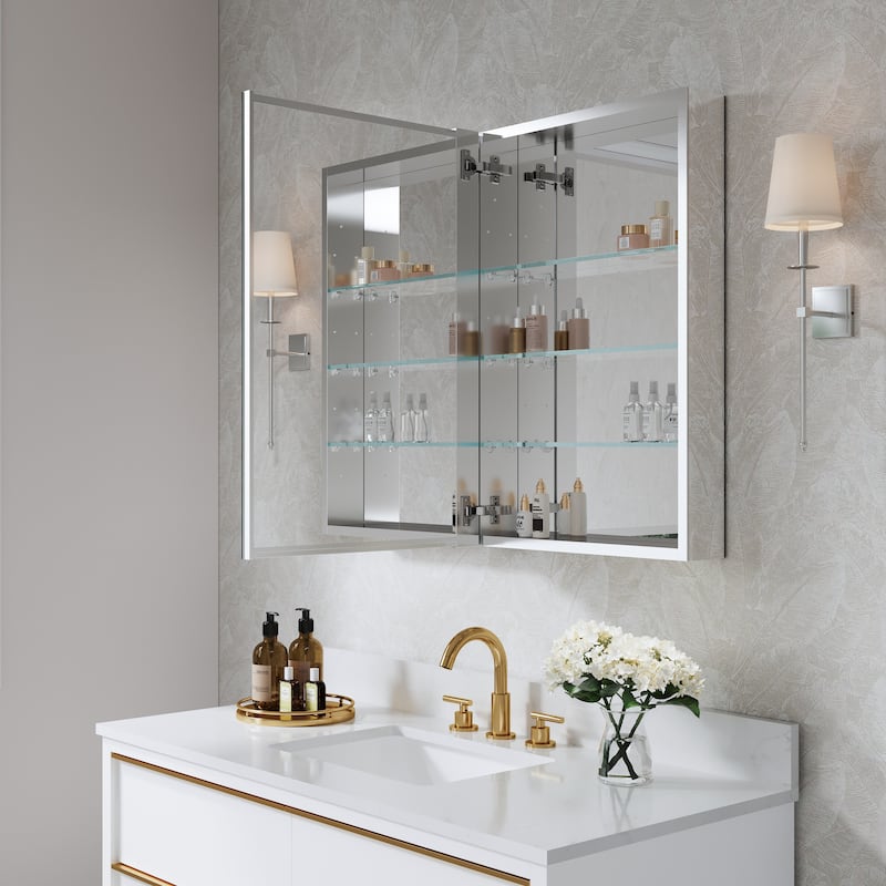 36''W X 30''H Recessed Or Surface Wall Mount Bathroom Medicine Cabinet With Adjustable Glass Shelves