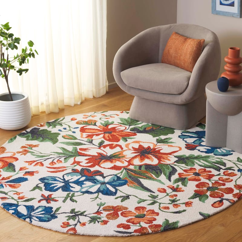 SAFAVIEH Handmade Jardin Engeline Country Wool Rug - 6' Round - Ivory/Orange