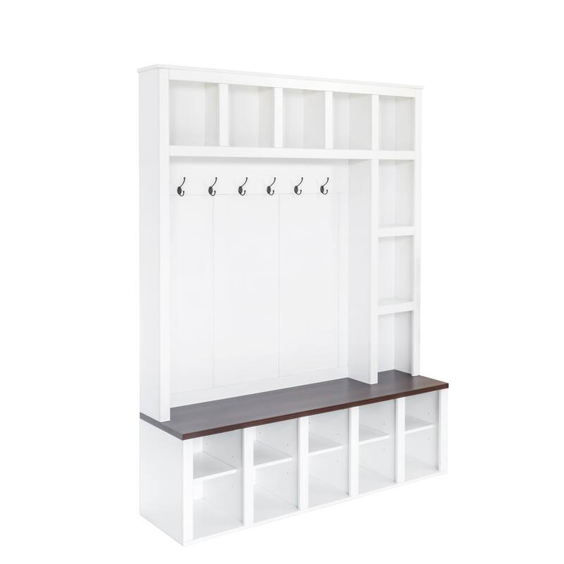 Wood Hall Tree with 6 Hooks, Practical Storage Bench with Adjustable Shelves Entryway Shoe Cabinet with 13 Cubbies