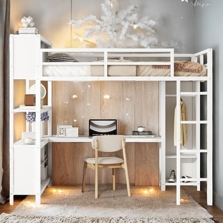 Full Size Loft Bed with Storage Cubes and Shelves, Heavy Duty Loft Bed for Kids Teens Adults