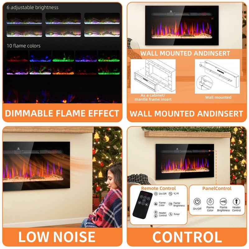 36/40/50/60 in. Wall Mount Recessed Electric Fireplace in Black, Remote Control, 8H Timer, Adjustable Flame & Brightness