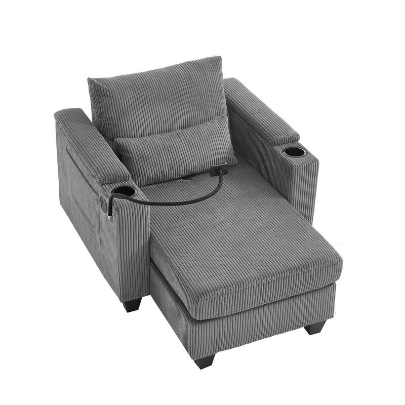 Convertible Chaise Lounge Sofa Chair with USB Ports, Storage 37.4" Corduroy Sleeper Sofa Bed with Adjustable Backrest