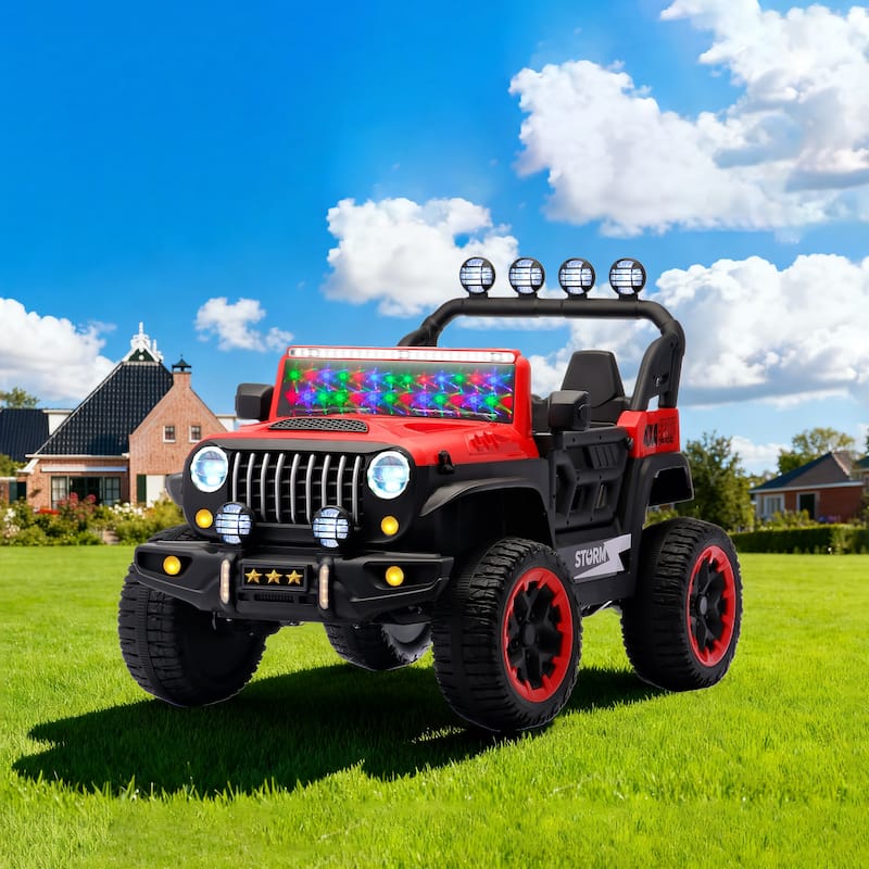 Battery Powered Electric Car Electric Vehicle with Remote Control, Red Off-Road Toy Car with LED Lights