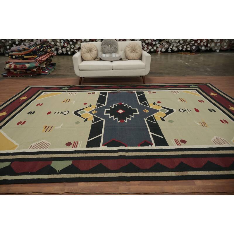 Hand Woven Oriental 100% Wool Carpet Southwestern Tribal Green Kilim Area Rug - 13' 4'' X 9' 7''