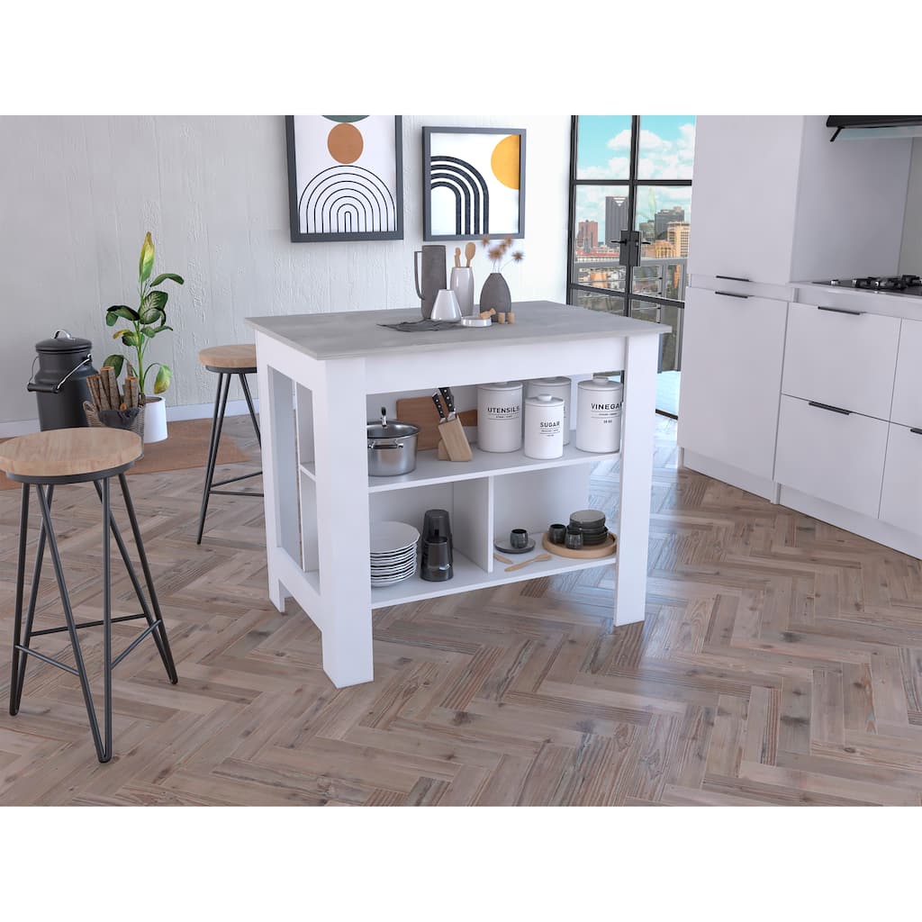Cala Kitchen Island, Four Legs, Three Shelves -White / Ibiza Marble