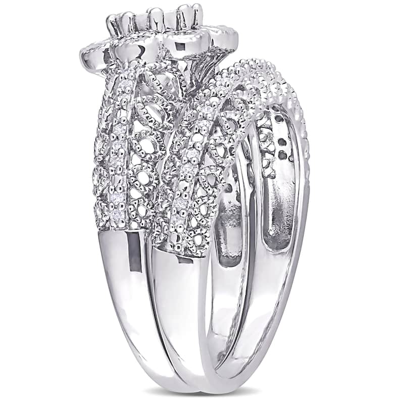 Miadora Sterling Silver 1/6ct TDW Diamond Floral Vintage Bridal Ring Set