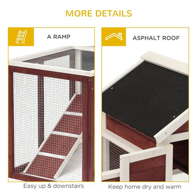 PawHut 48" Wooden Rabbit Hutch Bunny Cage with Waterproof Asphalt Roof, Fun Outdoor Run, Removable Tray and Ramp