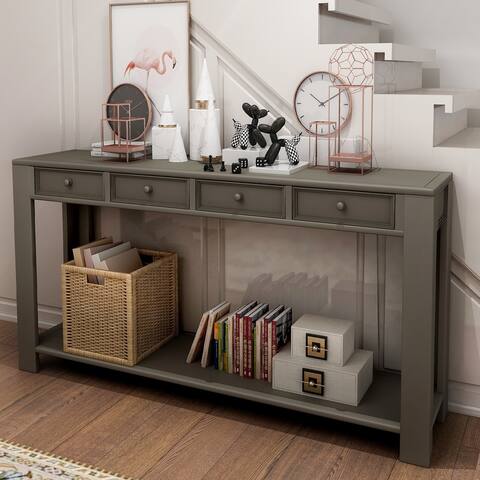 Console Table with Storage Drawers and Bottom Shelf (Khaki)