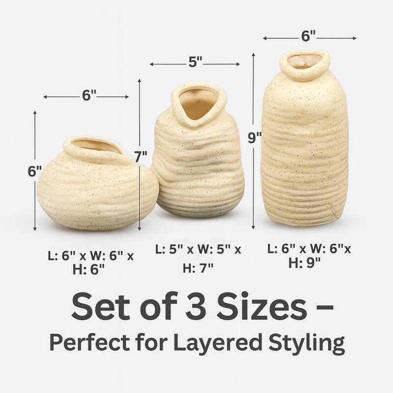 Aria Home Cream Ceramic Vase Set of 3 with Speckled Finish Decor