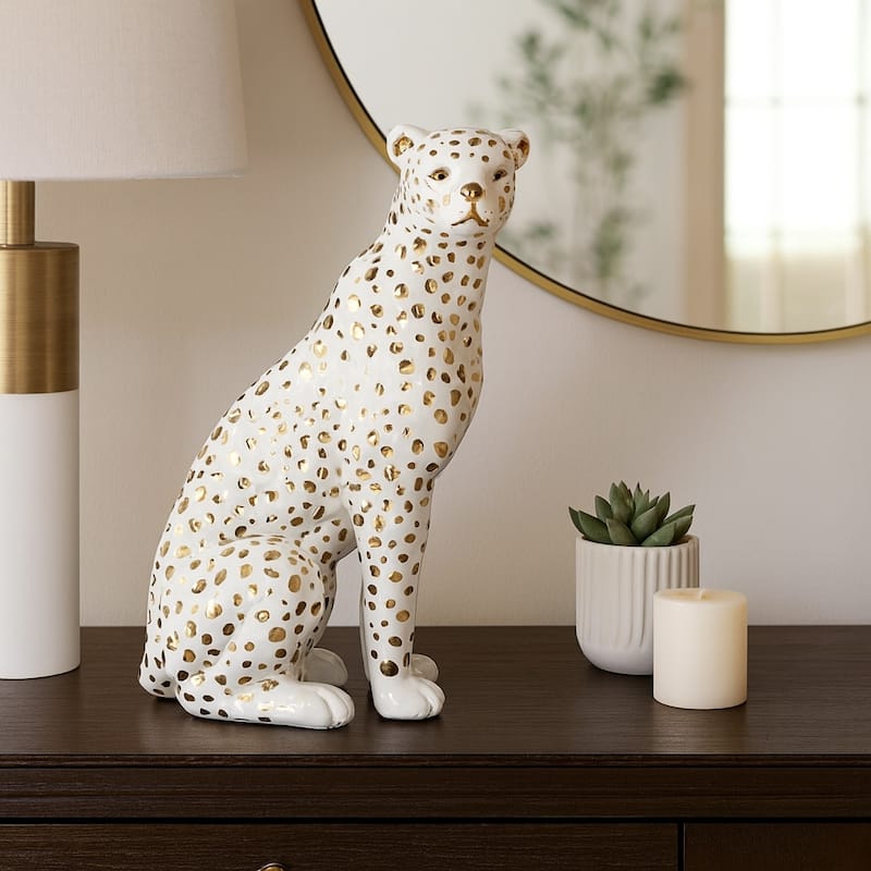 Ceramic Leopard Decorative Figurine - White and Gold - 11.25"