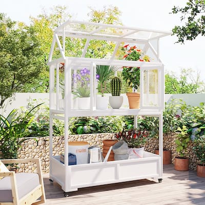 Garden Wood Portable Cold Frame with Movable Wheels Mini Greenhouse with Openable Roof and Storage Box