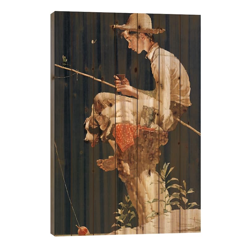 Boy Fishing Print On Wood by Norman Rockwell - Multi-Color - 40x26x1.5