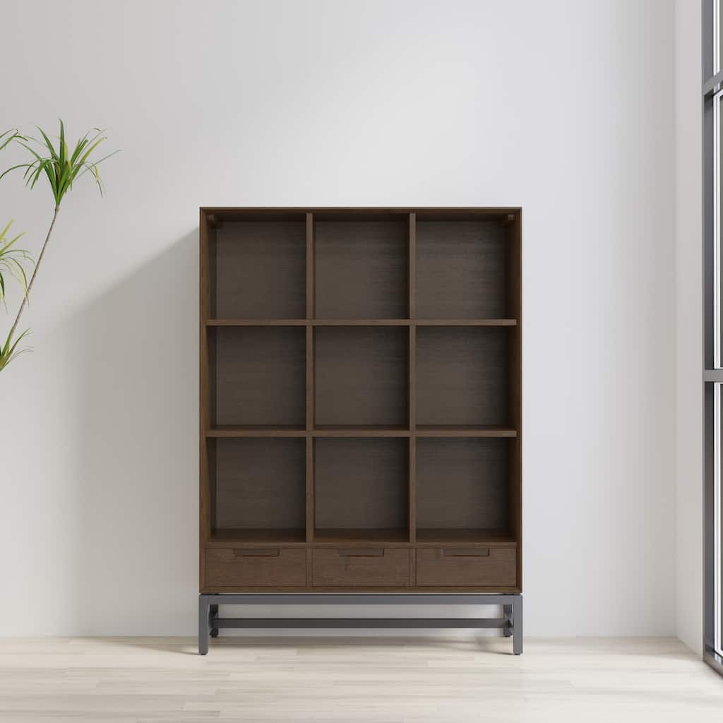 WYNDENHALL Devlin SOLID HARDWOOD 58 x 42 inch Modern 9 Cube Bookcase with Drawers in Walnut Brown - 15.5" D x 42" W x 58" H