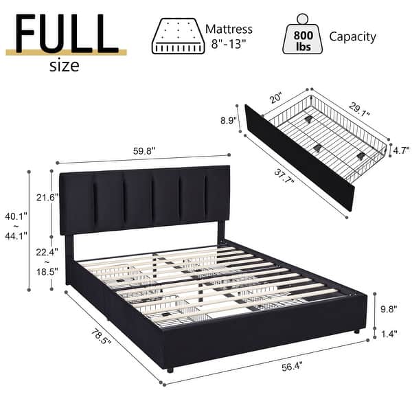 dimension image slide 3 of 17, Javlergo Bed Frame with Storage Drawers Upholstered Platform Bed Frame with Adjustable Headboard