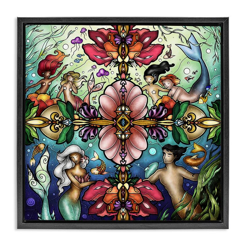 Stupell Detailed Stain Glass Style Mermaids Framed Floater Canvas Wall Art Design By Mandie Manzano - 25 x 25 - Black