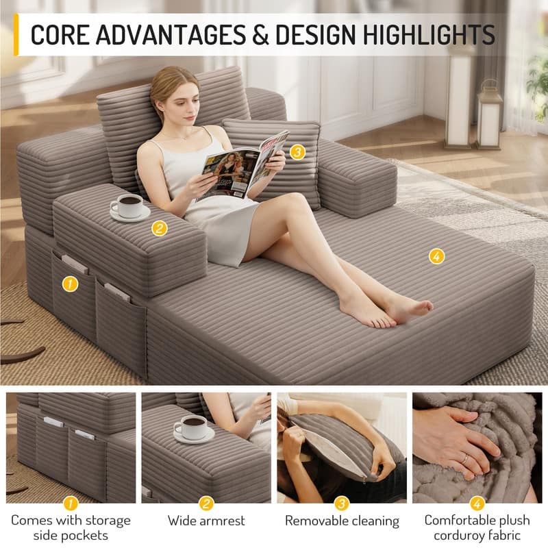 Luxurious Plush Corduroy Chaise Lounge Convertible Sofa Bed with Storage Pocket and Wide Armrests