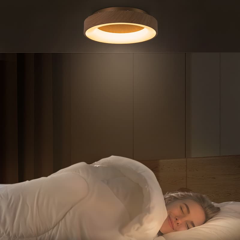 1-light 15.7 in. Modern Farmhouse Metal Wood Grain Round Dome Dimmable Integrated LED Flush Mount Light - 15.7 in. W x 3.9 in. H