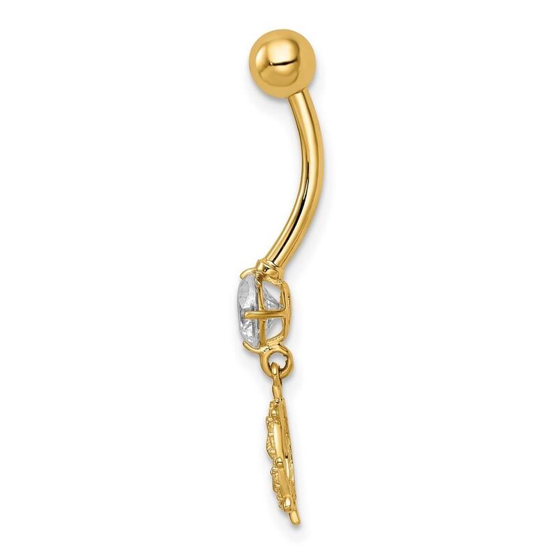 Curata 14k Yellow Gold 14g CZ Simulated Diamond Ship Wheel and Anchor Dangle Belly Ring