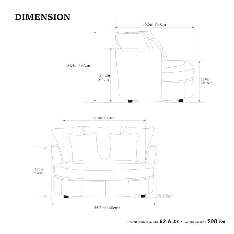 55.1" W Accent Barrel Chair,Modern Oversized Sofa Chair with 5 Pillows