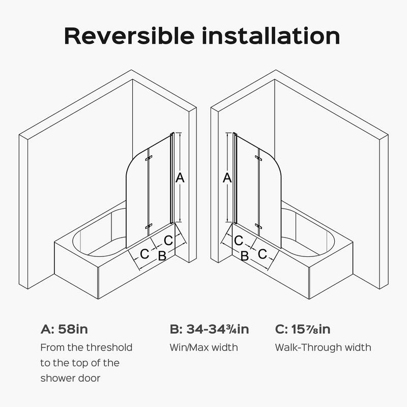 34" W x 58" H Frameless Folding Pivot Bathtub Door